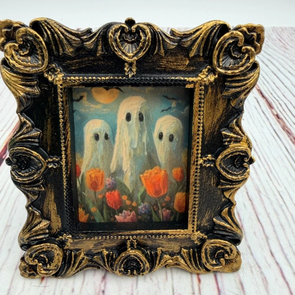 Handmade Ghost Tulip Decoupage Art Print Ornate Gold Resin Frame Miniature